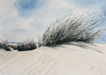 Postkarte DIN-A6 Aquarell Maritim Kunst Druck Kunstdruck Dänemark Nordsee Ostsee Düne Meer Möwe Strand